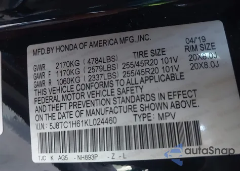 2019 Acura Rdx A-Spec Package from USA, damaged, VIN 5J8TC1H61KL024460